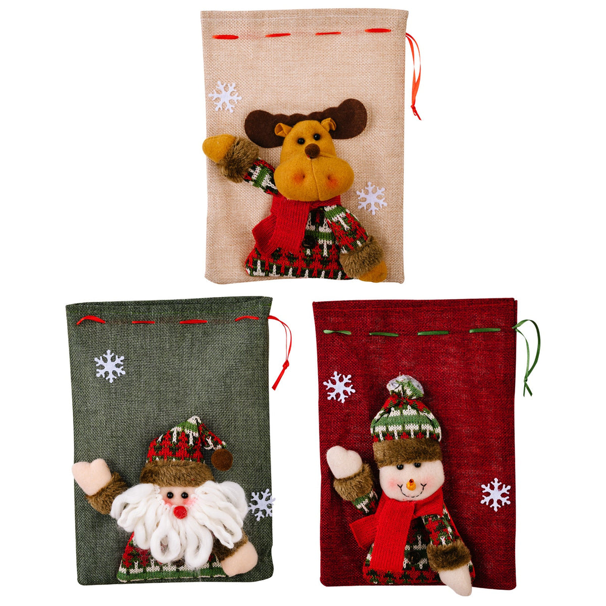 Christmas Gift Bags with Plush Santa, Snowman & Reindeer