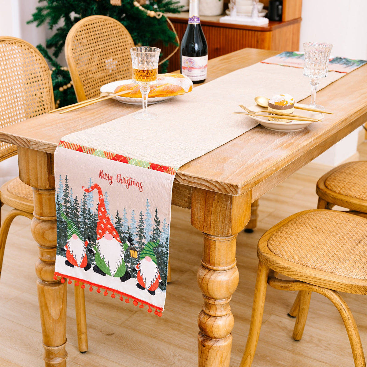 Christmas Table Runner with Forest Gnome Table Decor