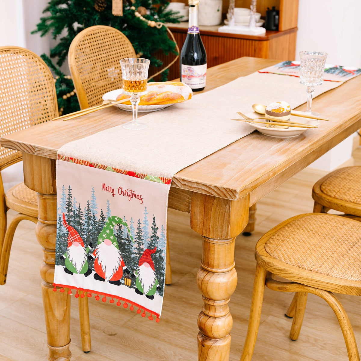 Christmas Table Runner with Forest Gnome Table Decor