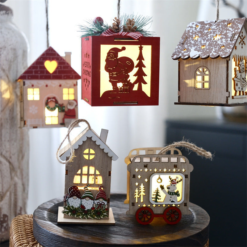 Wooden Christmas House Ornaments With Warm Lights