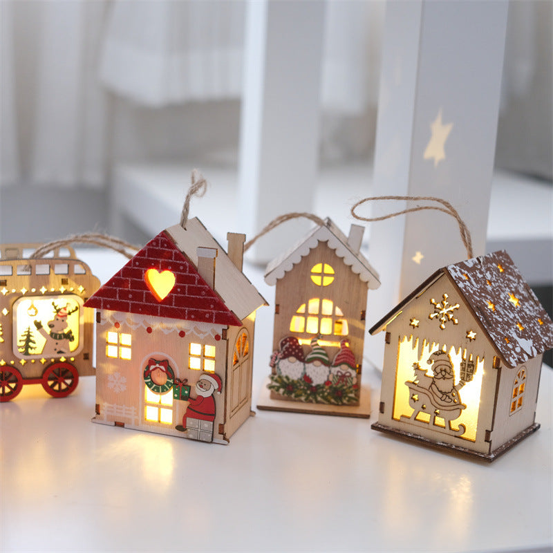 Wooden Christmas House Ornaments With Warm Lights