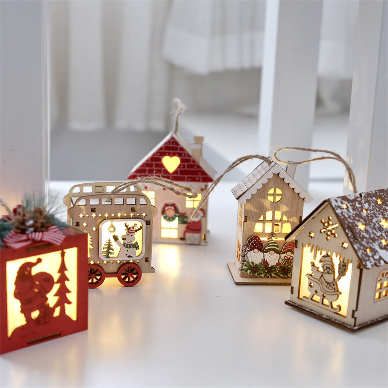 Wooden Christmas House Ornaments With Warm Lights