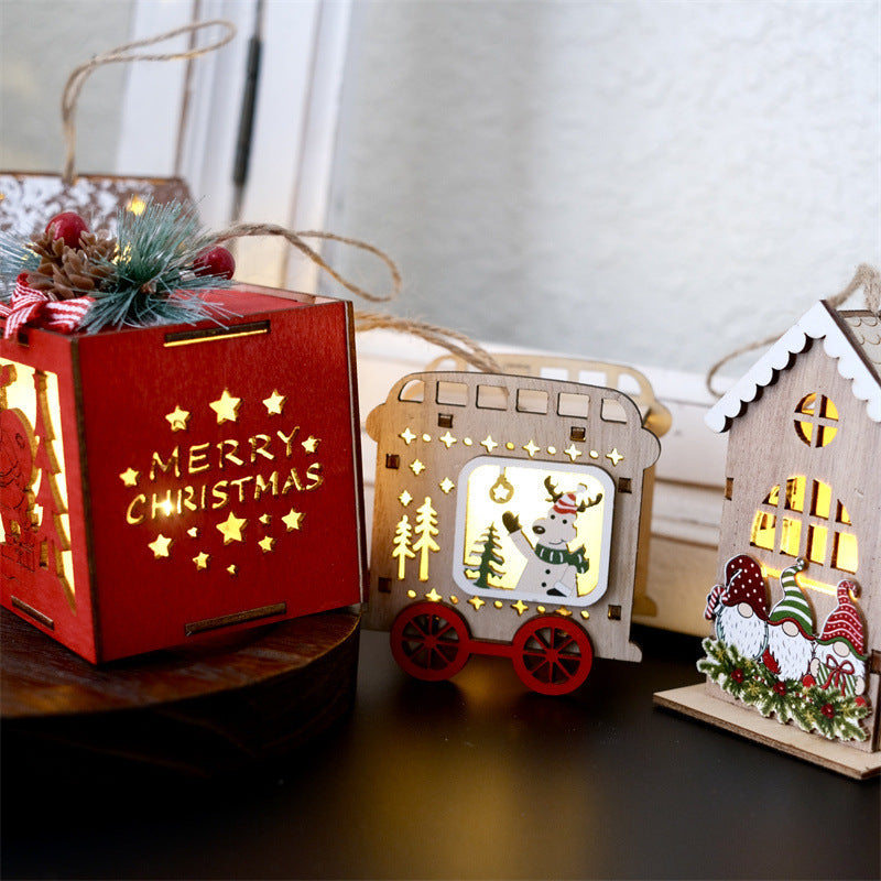 Wooden Christmas House Ornaments With Warm Lights