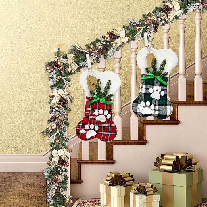 Plaid Paw-Print Pet Christmas Stocking with Cuff