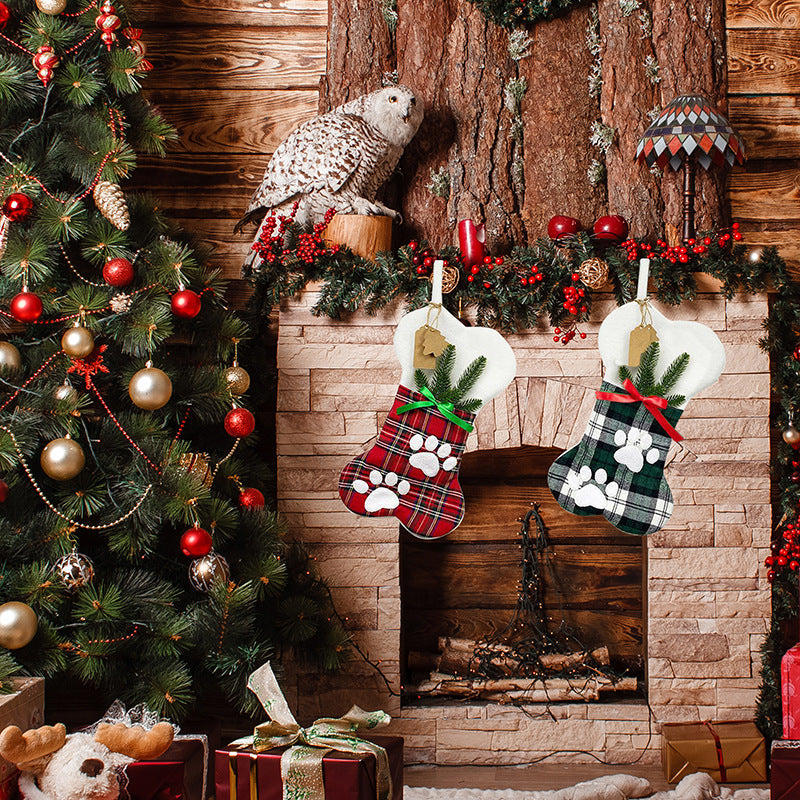 Plaid Paw-Print Pet Christmas Stocking with Cuff