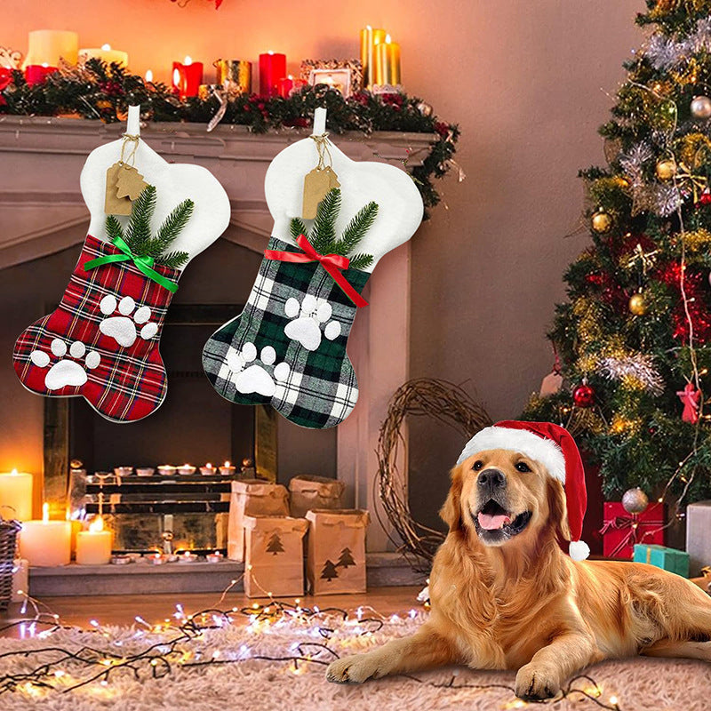 Plaid Paw-Print Pet Christmas Stocking with Cuff