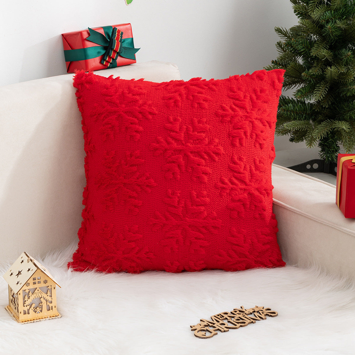 Christmas Pillow Cover Plush Snowflake Tree Sofa Decor