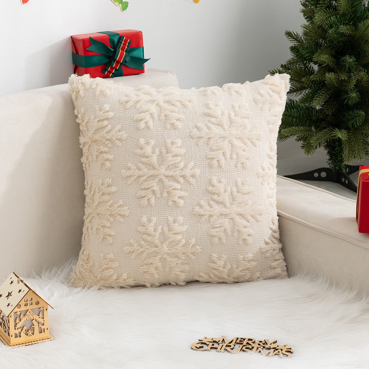 Christmas Pillow Cover Plush Snowflake Tree Sofa Decor