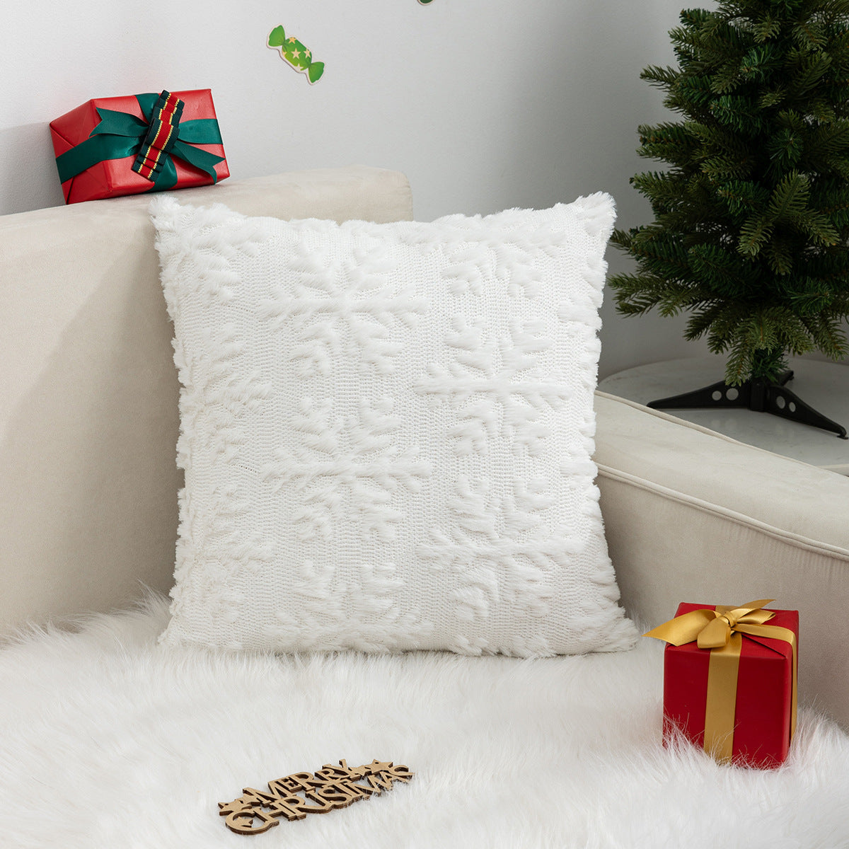 Christmas Pillow Cover Plush Snowflake Tree Sofa Decor
