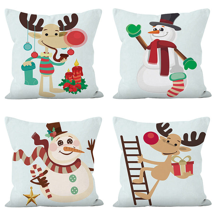 Christmas Pillow Cover With Reindeer & Snowman Prints