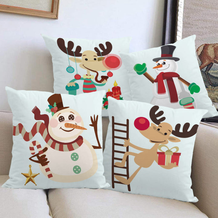 Christmas Pillow Cover With Reindeer & Snowman Prints
