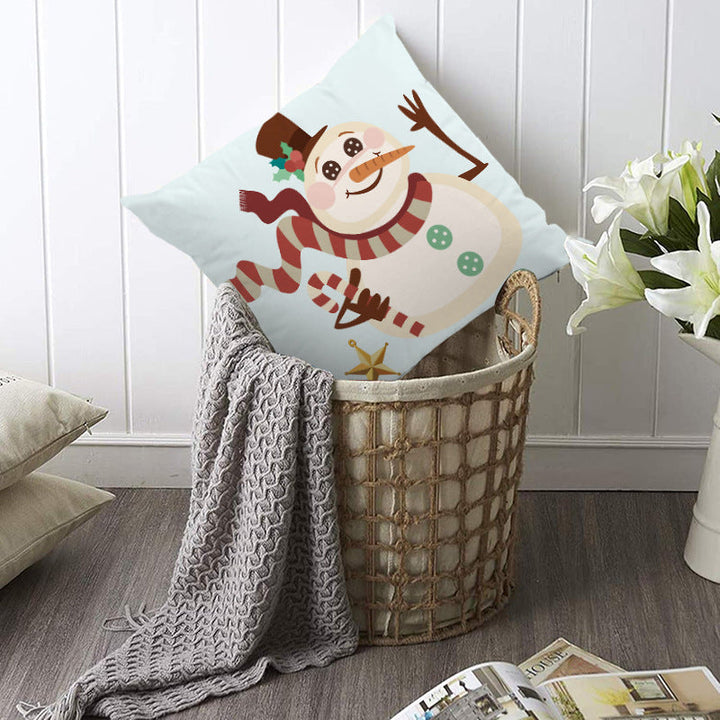 Christmas Pillow Cover With Reindeer & Snowman Prints