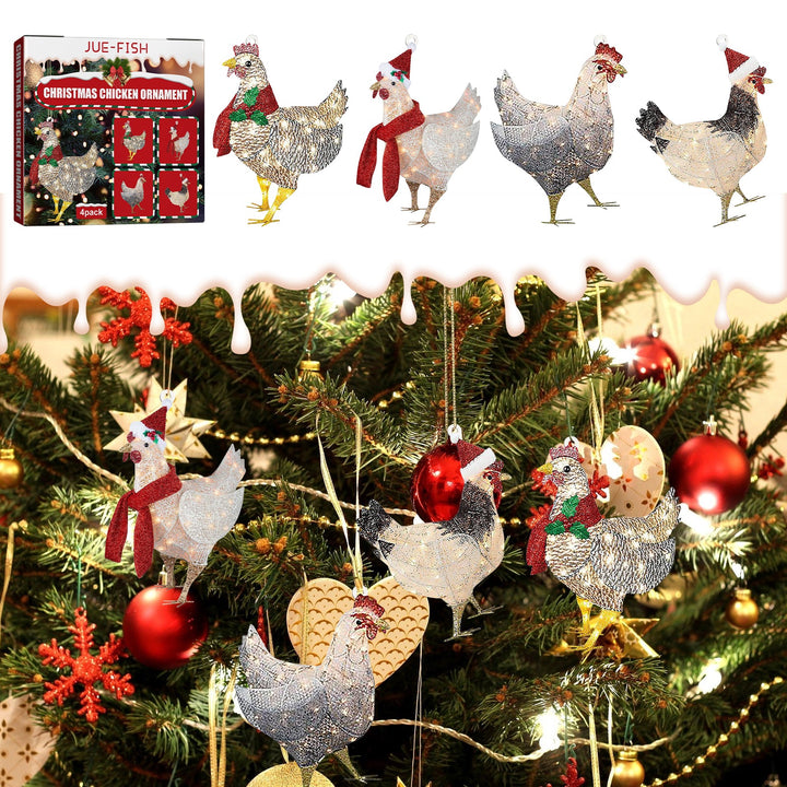 Christmas Chicken Ornaments – 4-Piece Glitter Scarf Set