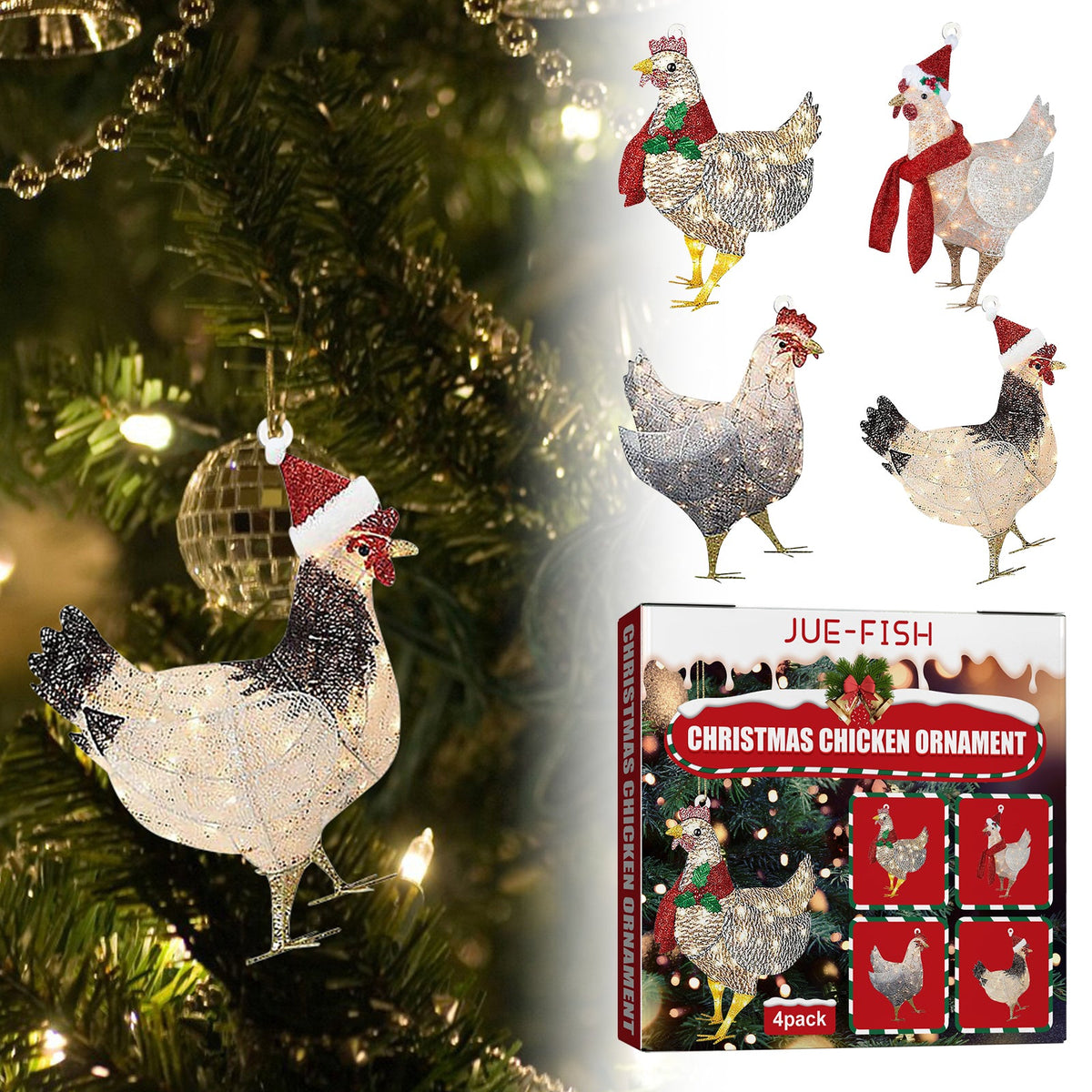 Christmas Chicken Ornaments – 4-Piece Glitter Scarf Set