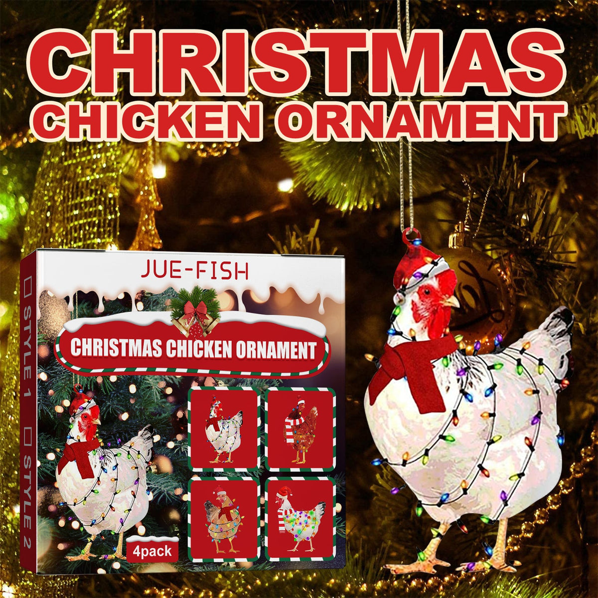 Christmas Chicken Ornaments – 4-Piece Glitter Scarf Set