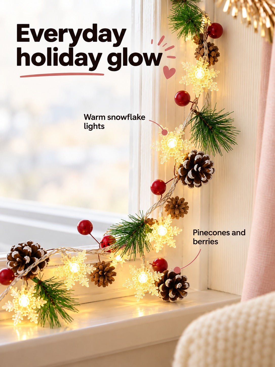 Christmas Snowflake Pinecone String Lights for Stairs