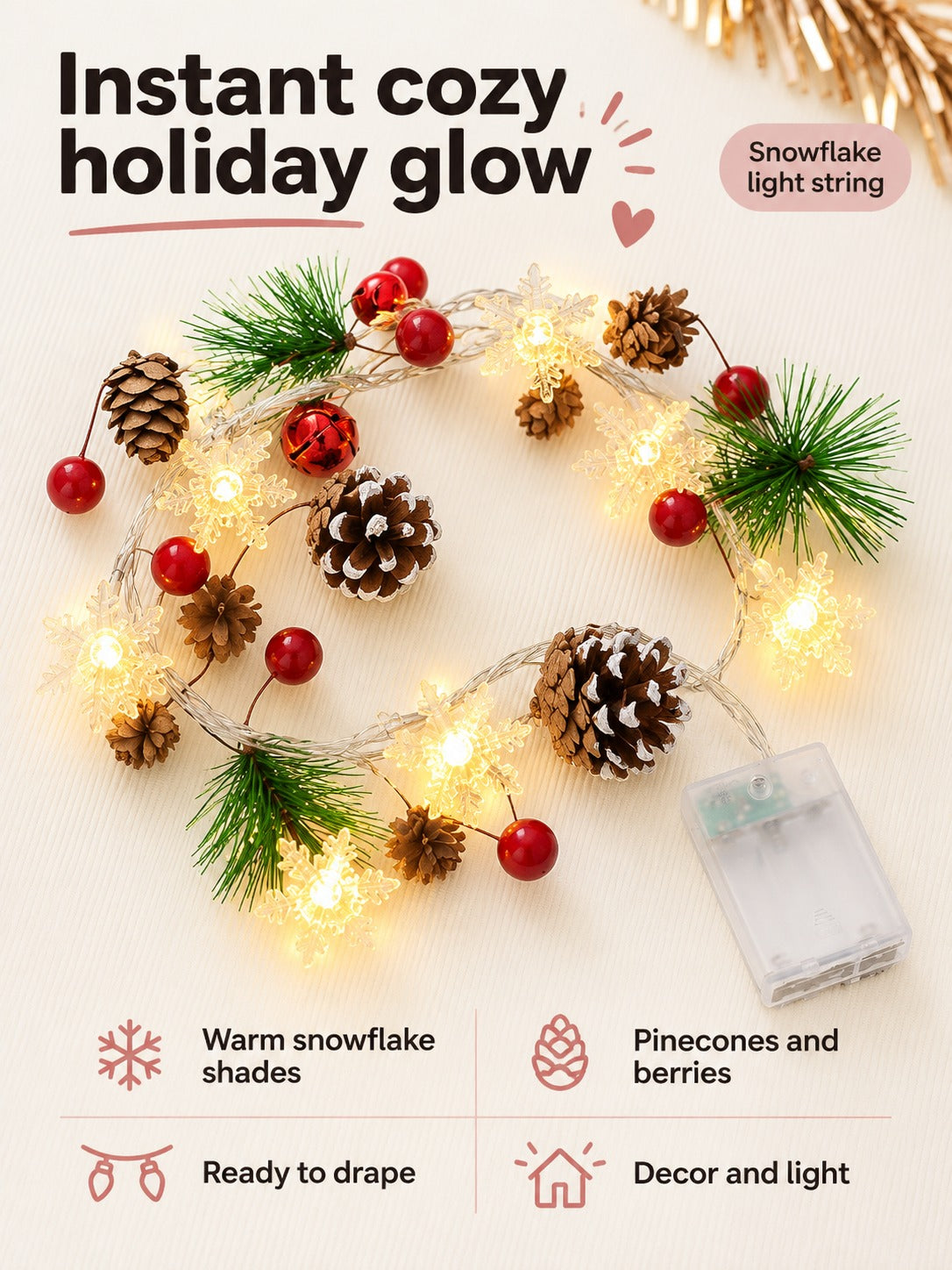 Christmas Snowflake Pinecone String Lights for Stairs