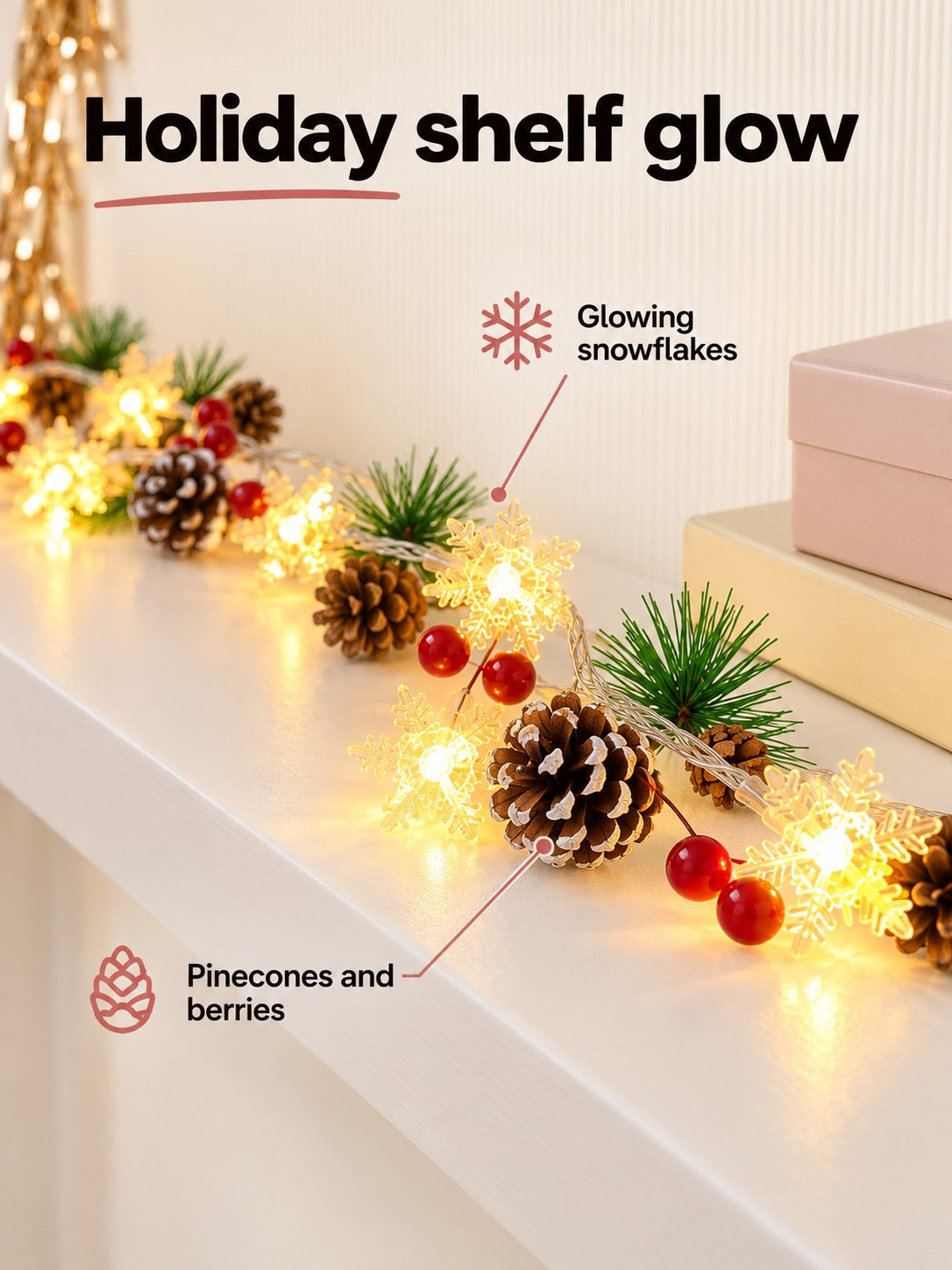 Christmas Snowflake Pinecone String Lights for Stairs