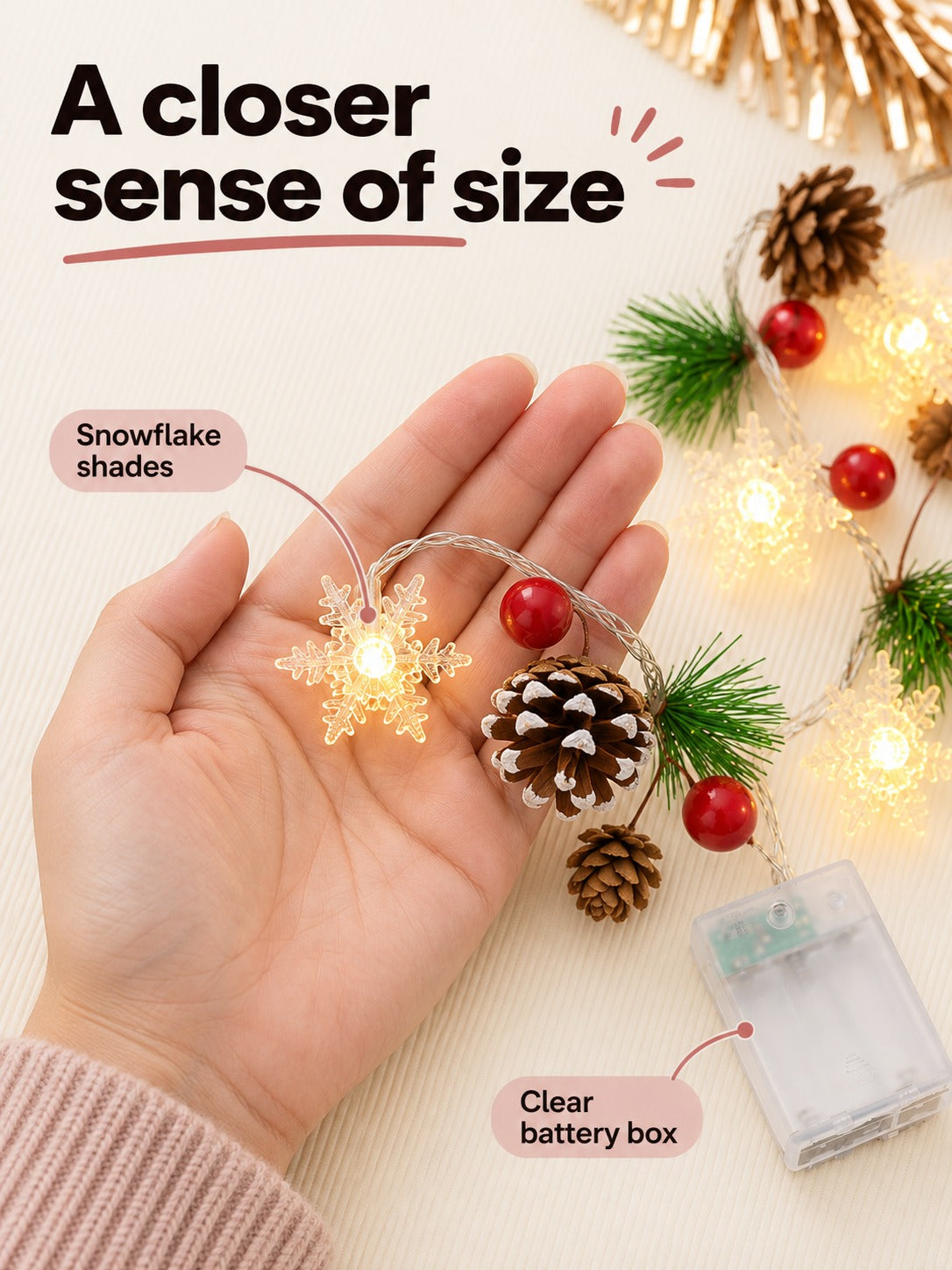 Christmas Snowflake Pinecone String Lights for Stairs