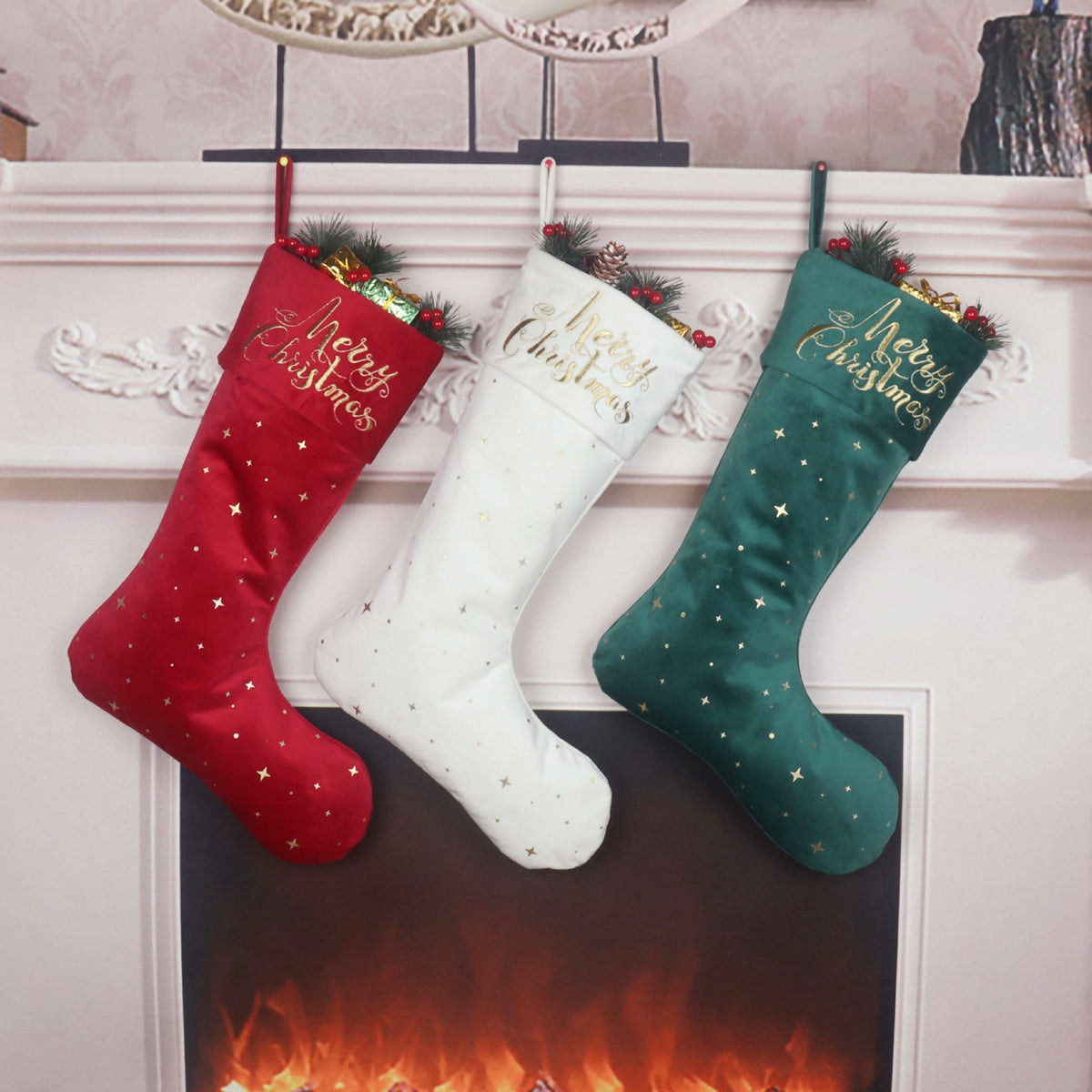 Christmas Stocking Set With Gold Embroidery, 3-Piece Decor