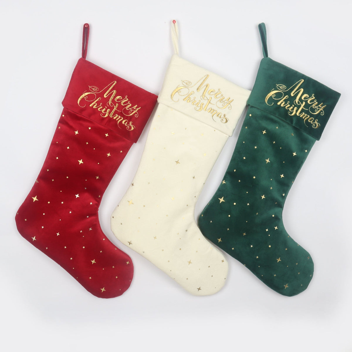 Christmas Stocking Set With Gold Embroidery, 3-Piece Decor