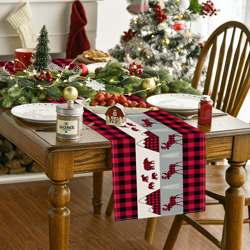 Christmas Table Runner Reindeer Plaid Holiday Decor