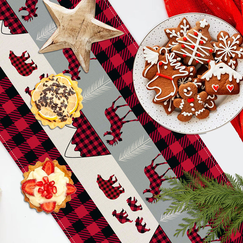 Christmas Table Runner Reindeer Plaid Holiday Decor