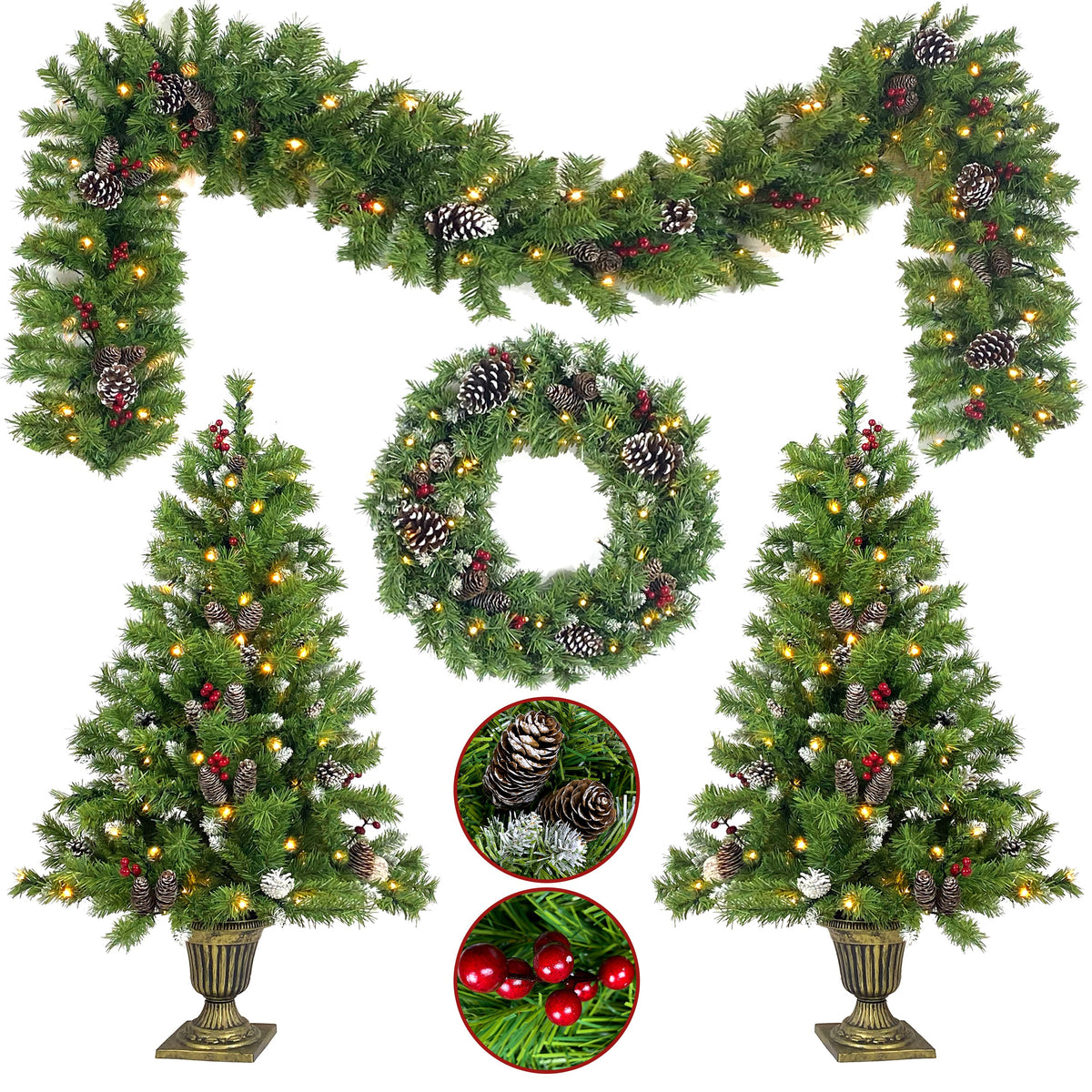 Lit Christmas Entrance Tree Set with Wreath and Garland