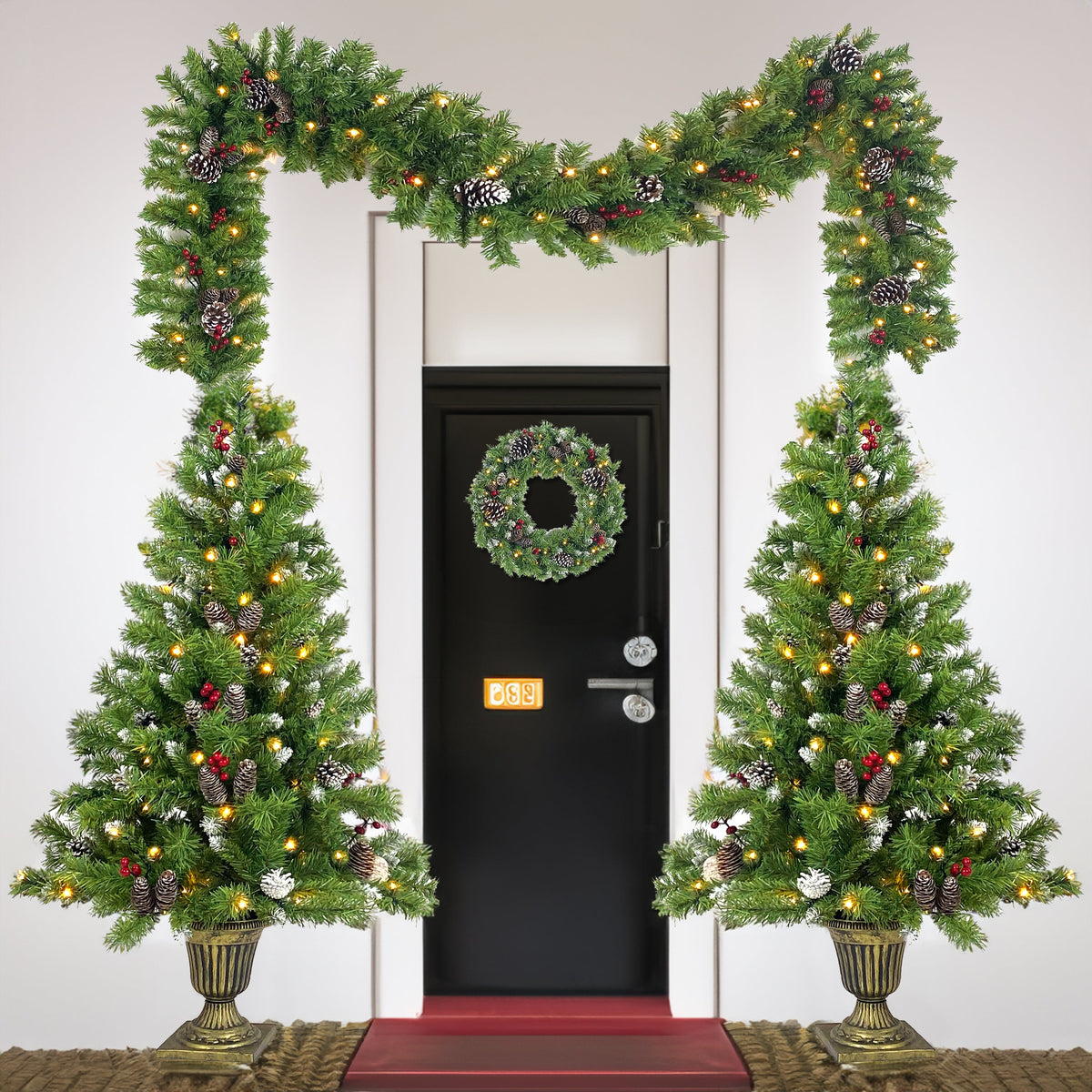 Lit Christmas Entrance Tree Set with Wreath and Garland