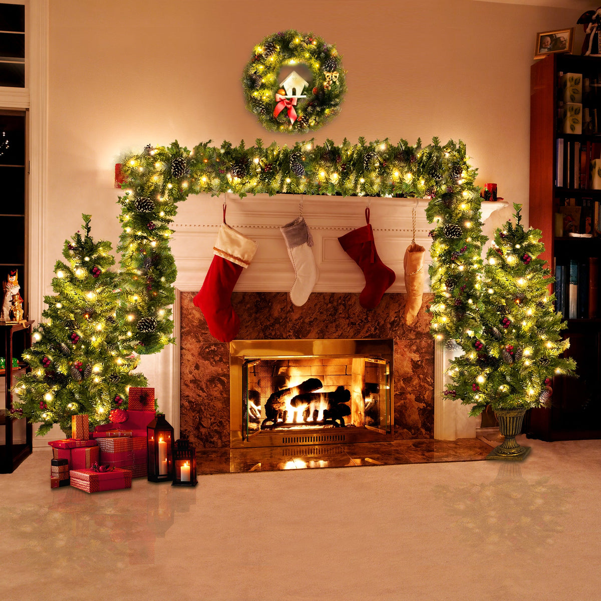 Lit Christmas Entrance Tree Set with Wreath and Garland