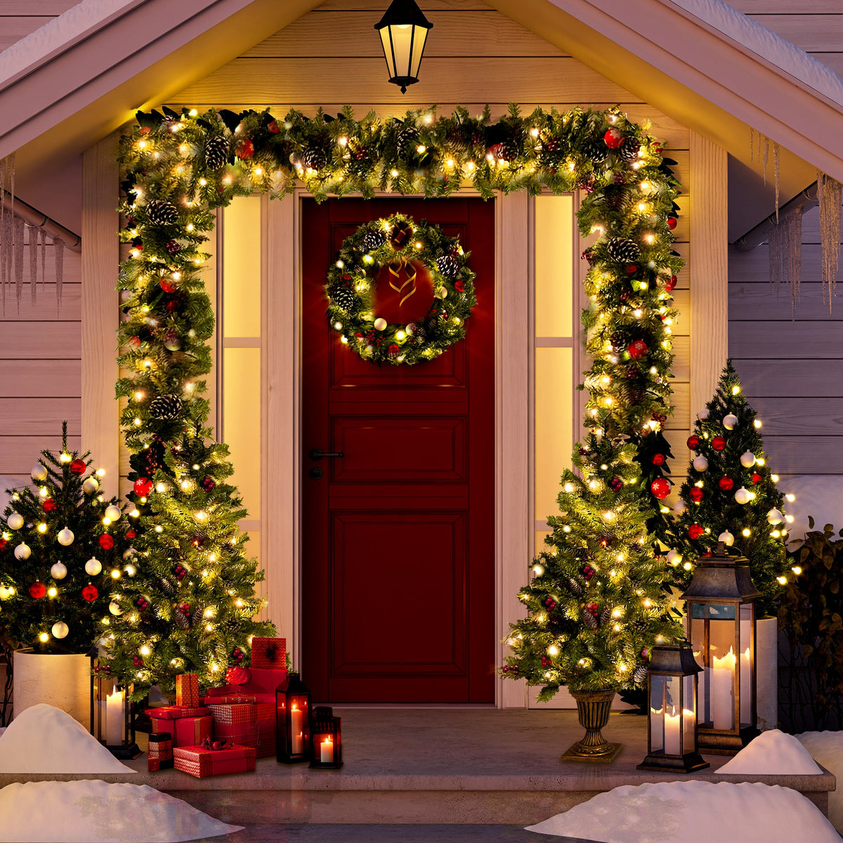 Lit Christmas Entrance Tree Set with Wreath and Garland