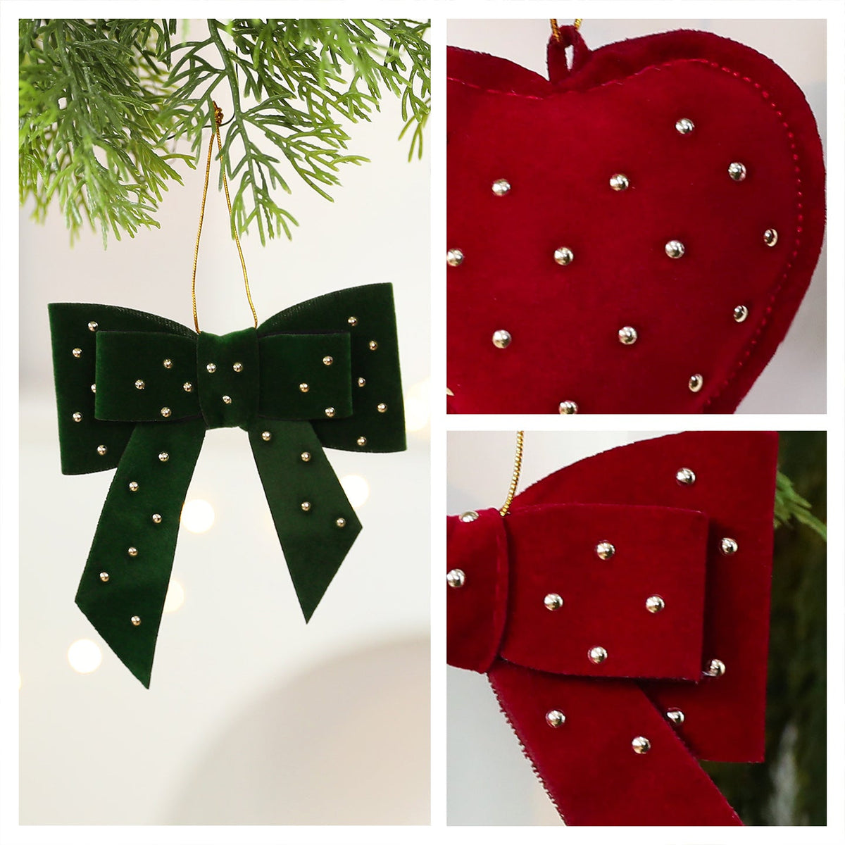 Christmas Tree Ornaments: Plush Heart & Bow Decor Set