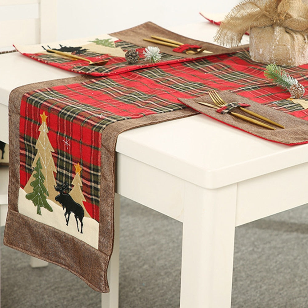 Christmas Table Runner | Rustic Plaid Elk Table Decor