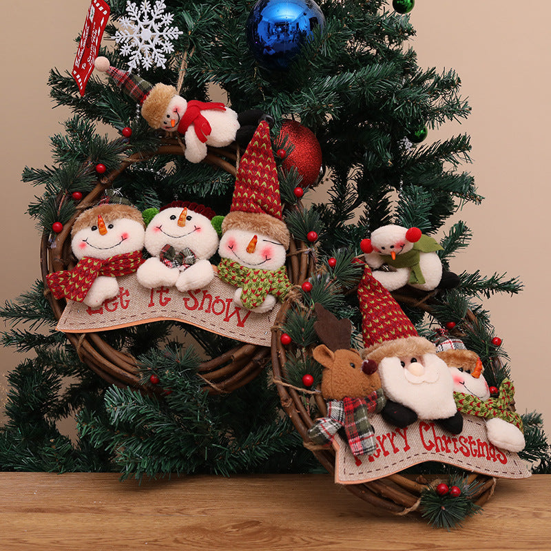 Christmas Vine Wreath with Plush Snowman & Reindeer