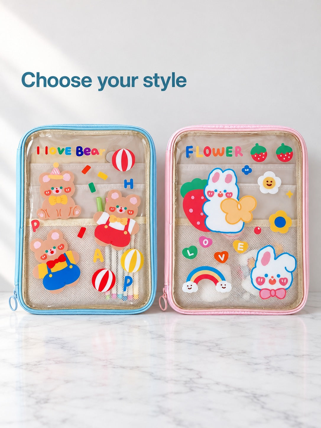 Clear Cute Cartoon Tablet Bag with Pockets for Students