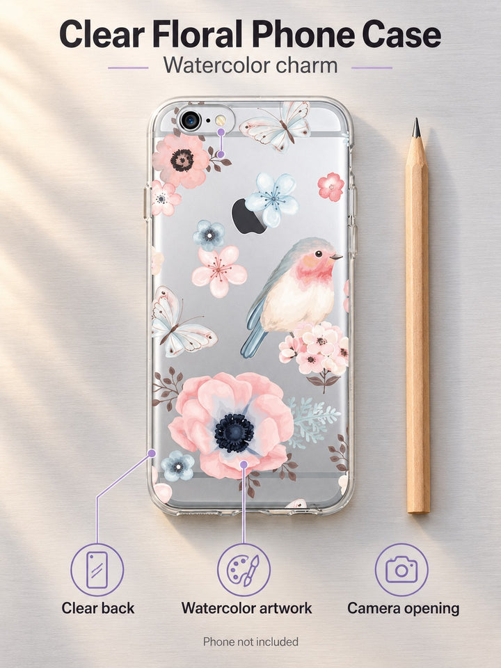 Clear Floral Phone Case with Watercolor Birds & Butterflies