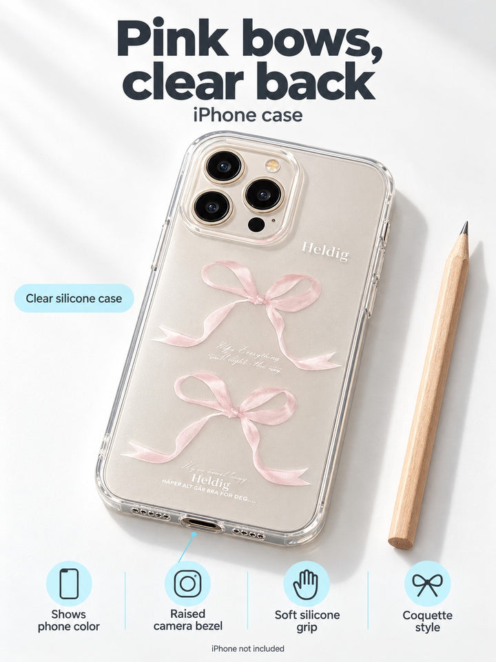 Clear Pink Bow iPhone Case, Soft Silicone with Camera Guard