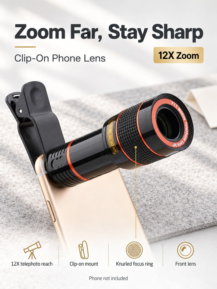 12X Clip-On Phone Telephoto Lens for Distant Views