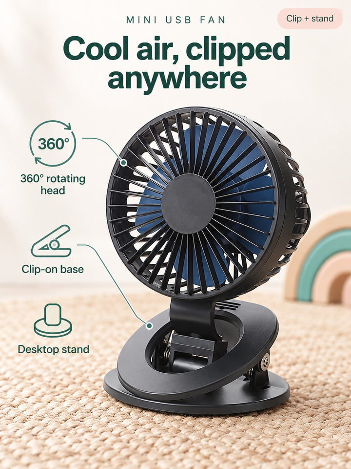 Clip-On Mini USB Desktop Fan, 360° Rotating Head