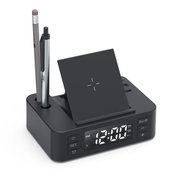 Wireless Charging Phone Stand Alarm Clock & Pen Holder