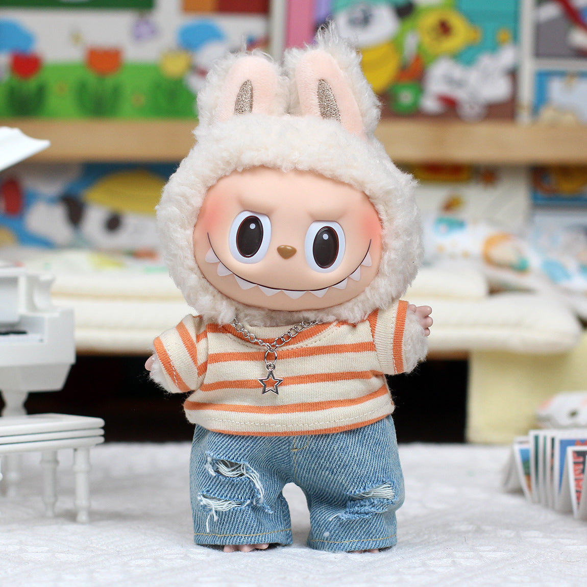 Labubu Doll Clothes T-Shirt & Ripped Jeans Outfit