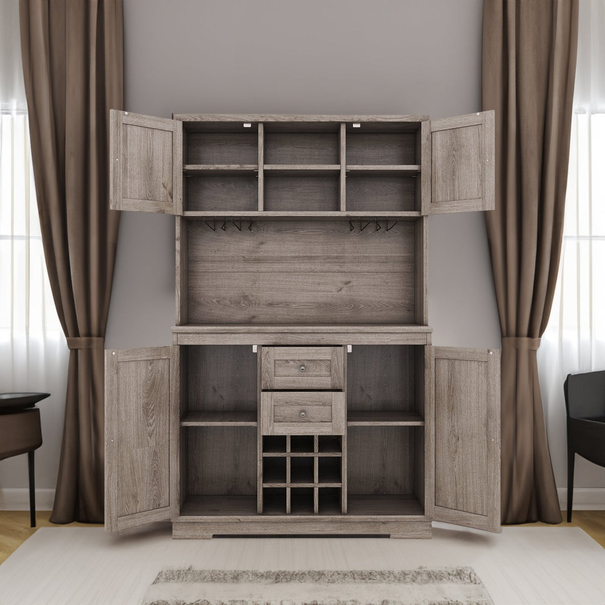 Farmhouse Coffee Bar Cabinet with Wine Rack & Storage