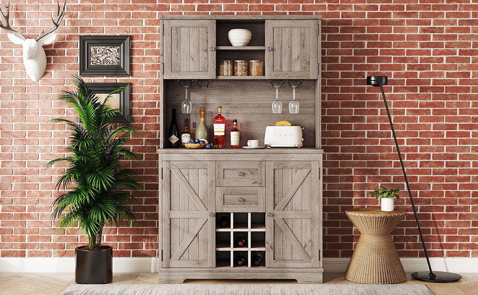 Farmhouse Coffee Bar Cabinet with Wine Rack & Storage