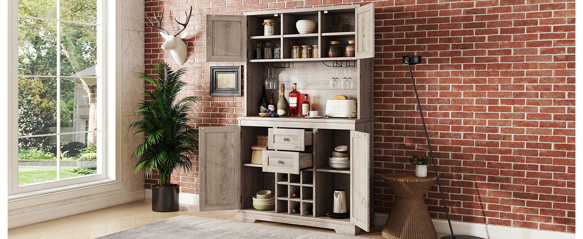 Farmhouse Coffee Bar Cabinet with Wine Rack & Storage