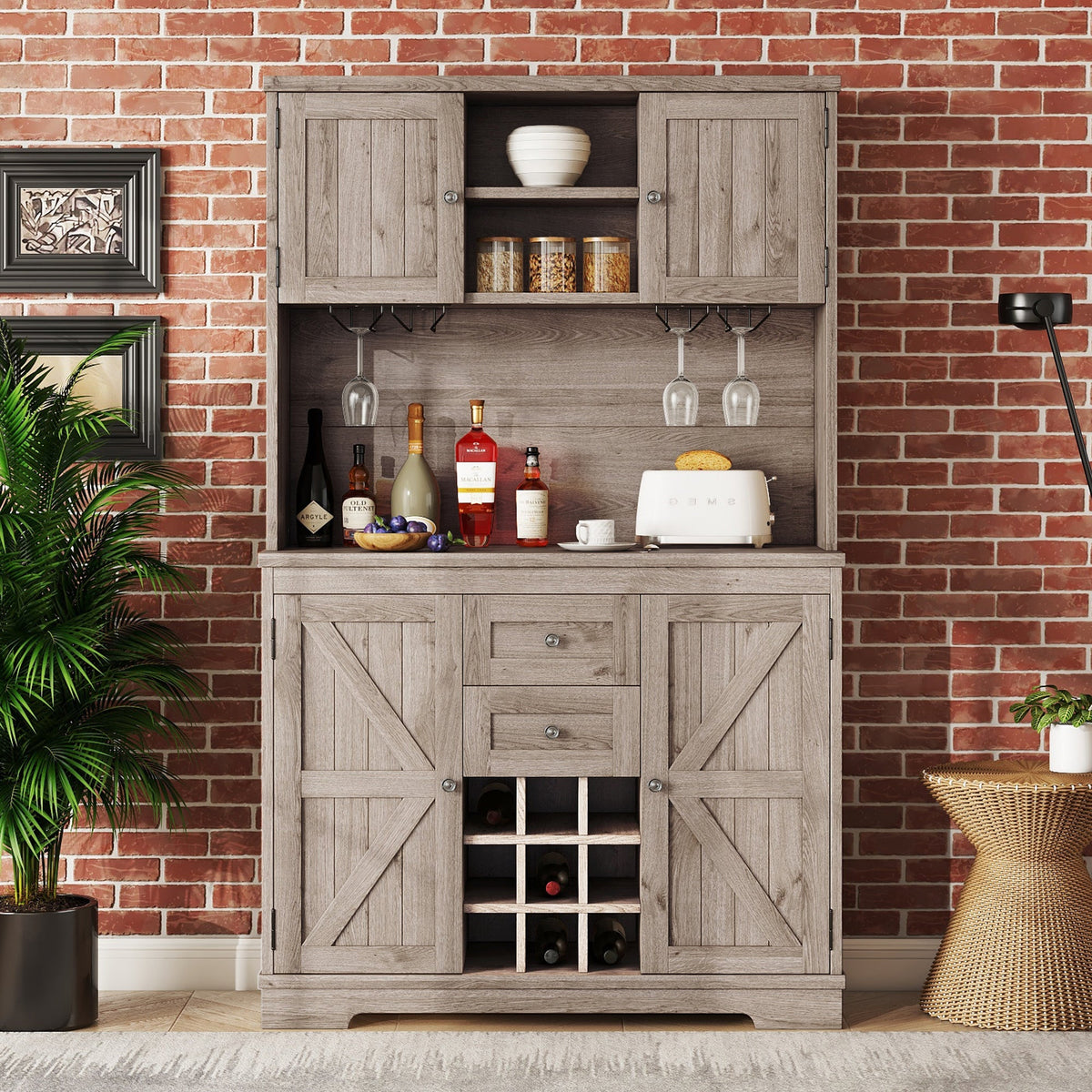 Farmhouse Coffee Bar Cabinet with Wine Rack & Storage