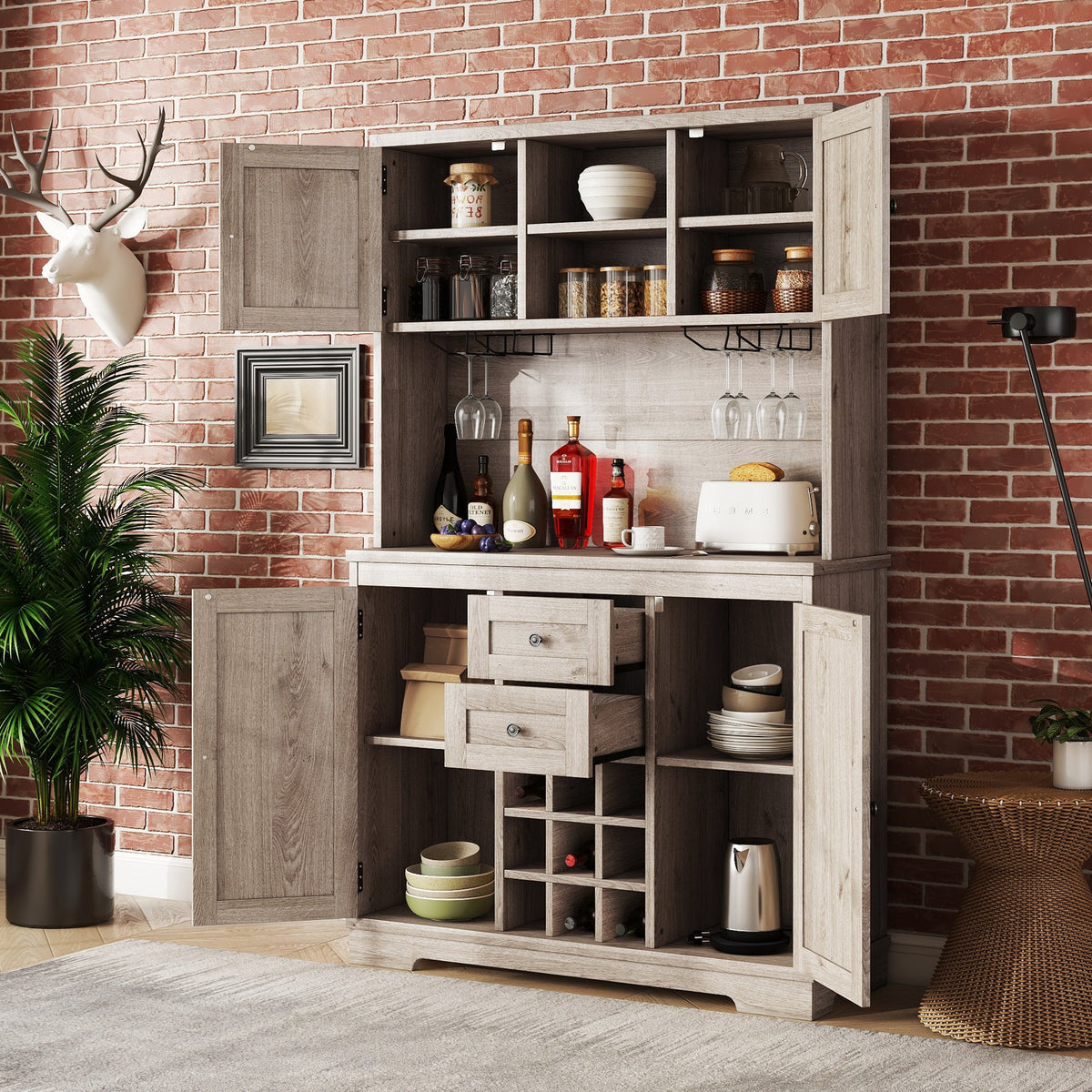 Farmhouse Coffee Bar Cabinet with Wine Rack & Storage