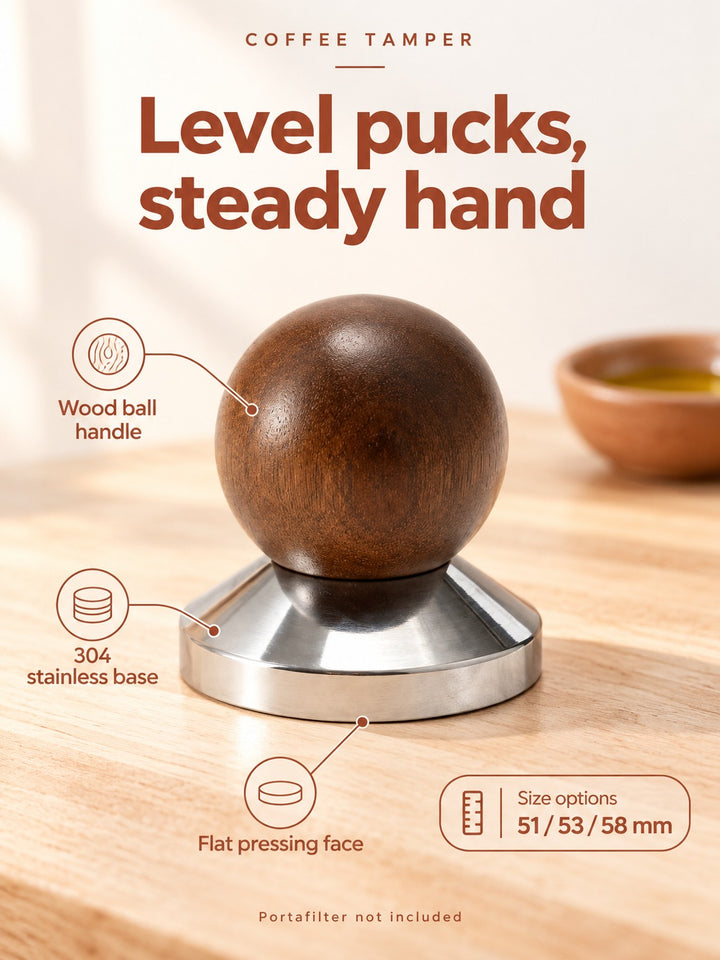 Coffee Tamper 51-58mm: Walnut Handle, Even Espresso Pucks