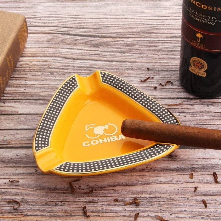 Triangular Ceramic Cigar Ashtray with 3 Cigar Rests