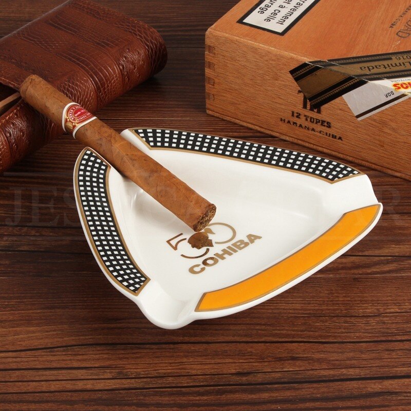 Triangular Ceramic Cigar Ashtray with 3 Cigar Rests