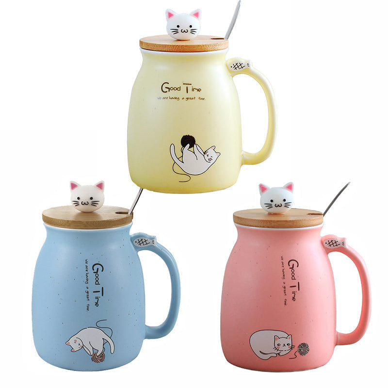 Cat Ceramic Mug with Bamboo Lid, Spoon and Cat Knob